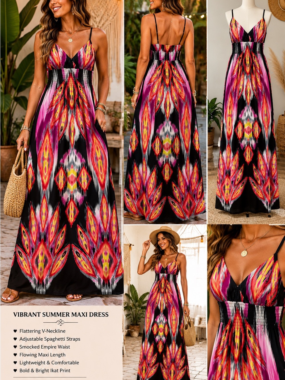 Vibrant Ikat Smocked Empire Maxi Dress — Pink & Black Vintage aesthetic